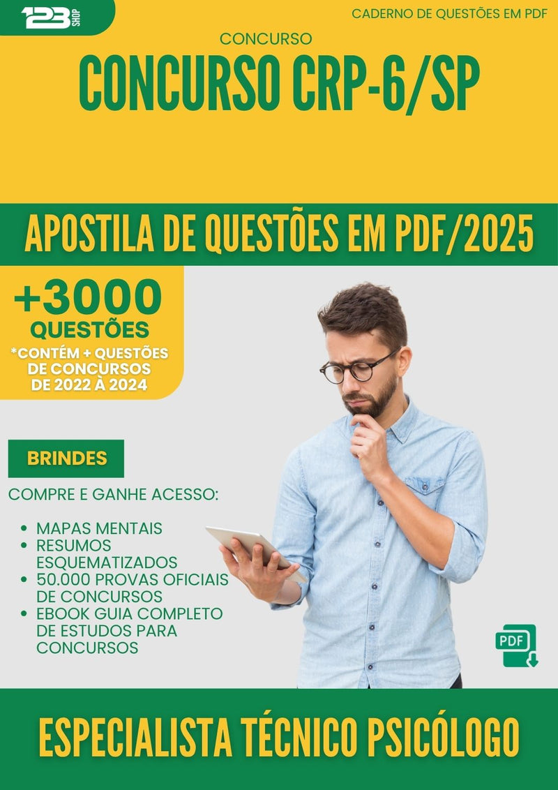Apostila de Questões para Concurso Especialista Tecnico Psicologo Crp 6 Sp 2025 - Mais de 3.000 Questões