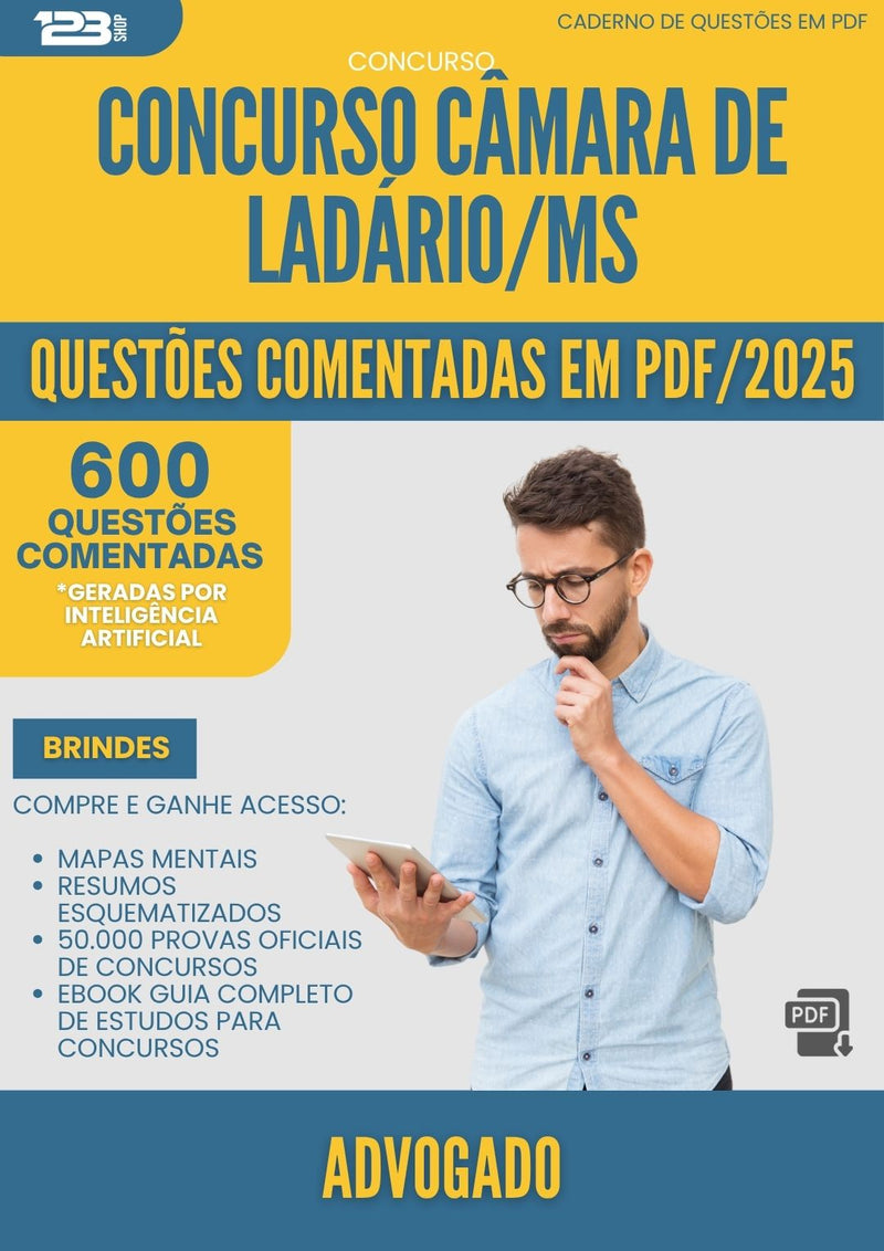 1000 Questões Comentadas para Concurso Advogado Camara De da Prefeitura Ladario Ms 2025 - 600 Questões | Aprova Turbo