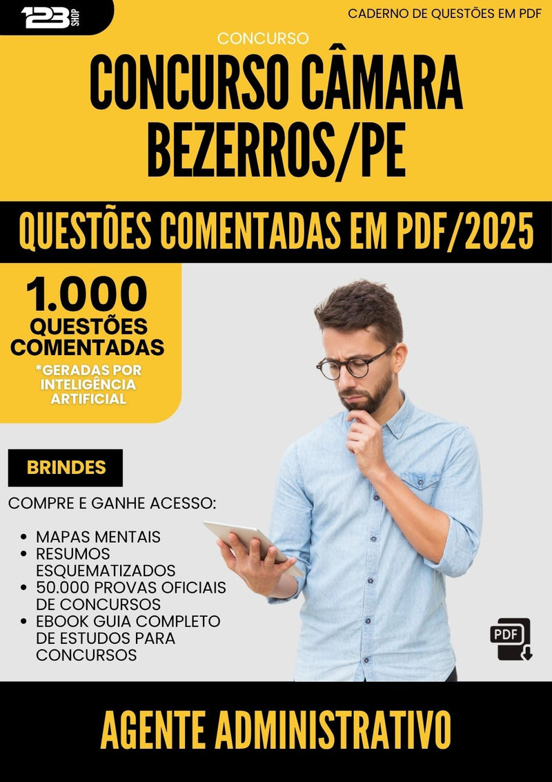 1000 Questões Comentadas para Concurso Agente Administrativo Camara da Prefeitura Bezerros Pe 2025 - 1000 Questões | Aprova Turbo